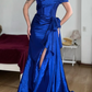 Vintage Royal Blue Mermaid V Neck Satin Slit Prom Dress Evening Dress Date Dress SH5635