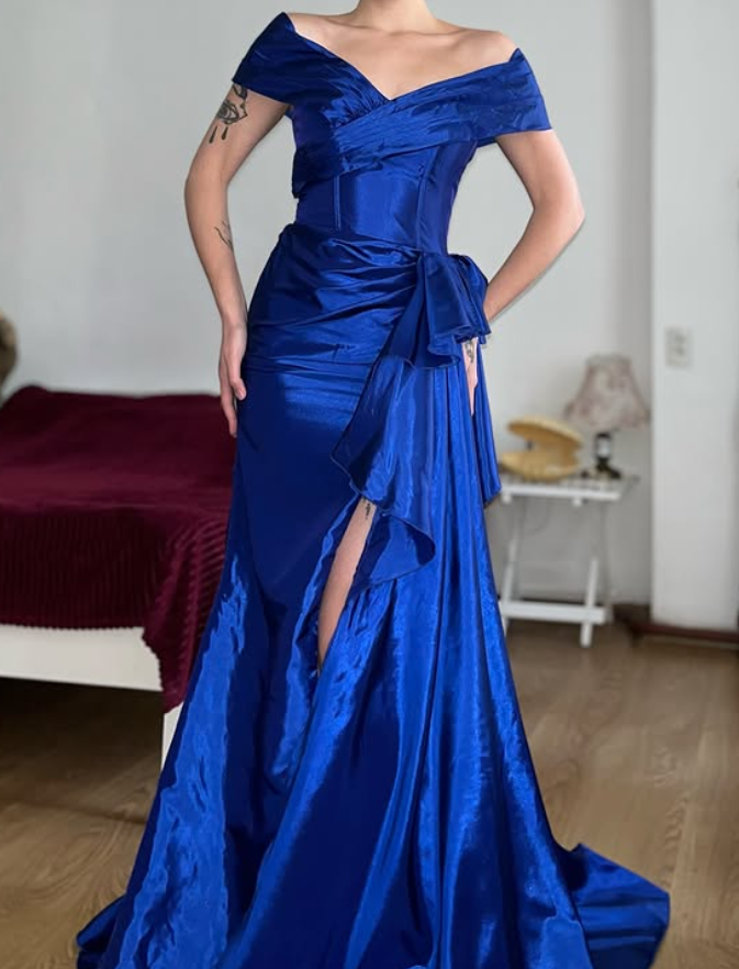 Vintage Royal Blue Mermaid V Neck Satin Slit Prom Dress Evening Dress Date Dress SH5635
