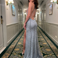 Sexy Mermaid V Neck Grey Sequin Satin Open Back Prom Dress Evening Dress with Slit SH2212