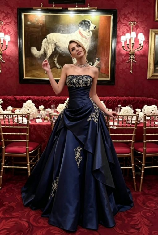 Vintage Navy Blue Exquisite Floral Long Satin Ball Gown Evening Dress Prom Dress SH4823