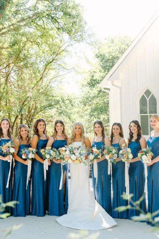 Simple Mermaid Spaghetti Straps Blue Long Bridesmaid Dresses with Bow Back SH6286