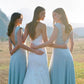 Simple A Line Satin V Neck Blue Sleeveless Long Bridesmaid Dresses SH6282