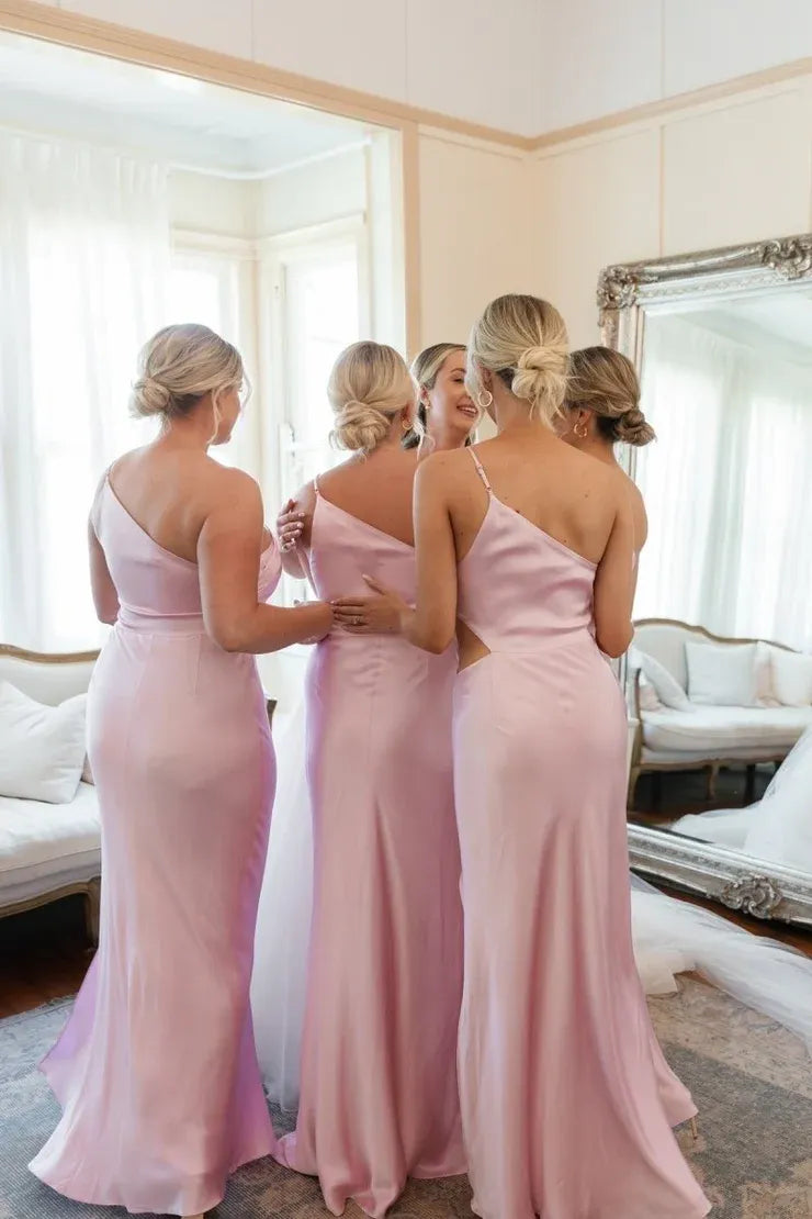 One Shoulder Pink Cut-out Bridesmaid Dress with Slit SH6559