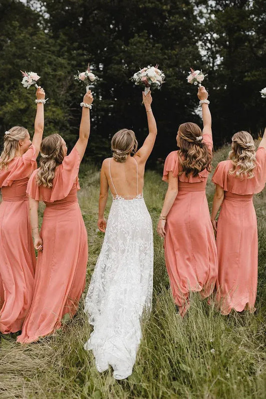 Simple A-Line Coral Chiffon Long Bridesmaid Dresses SH6285