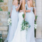 Light Blue A-Line Off the Shoulder Long Chiffon Boho Bridesmaid Dress SH6281