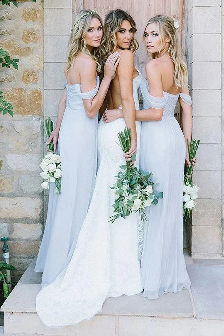 Light Blue A-Line Off the Shoulder Long Chiffon Boho Bridesmaid Dress SH6281