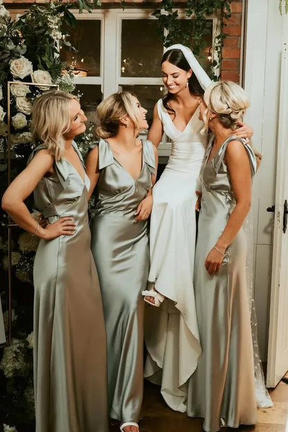 Sheath V Neck Sage Green Silk Satin Bridesmaid Dress with Bow SH6574
