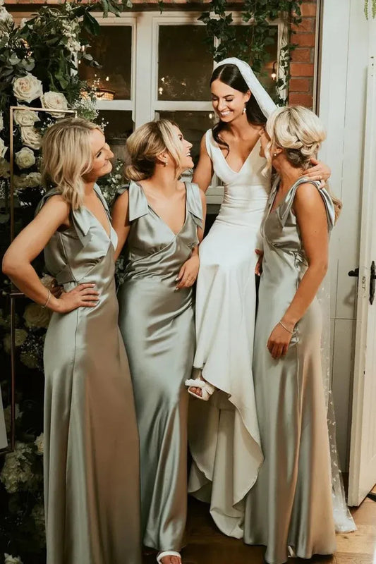 Sheath V Neck Sage Green Silk Satin Bridesmaid Dress with Bow SH6574