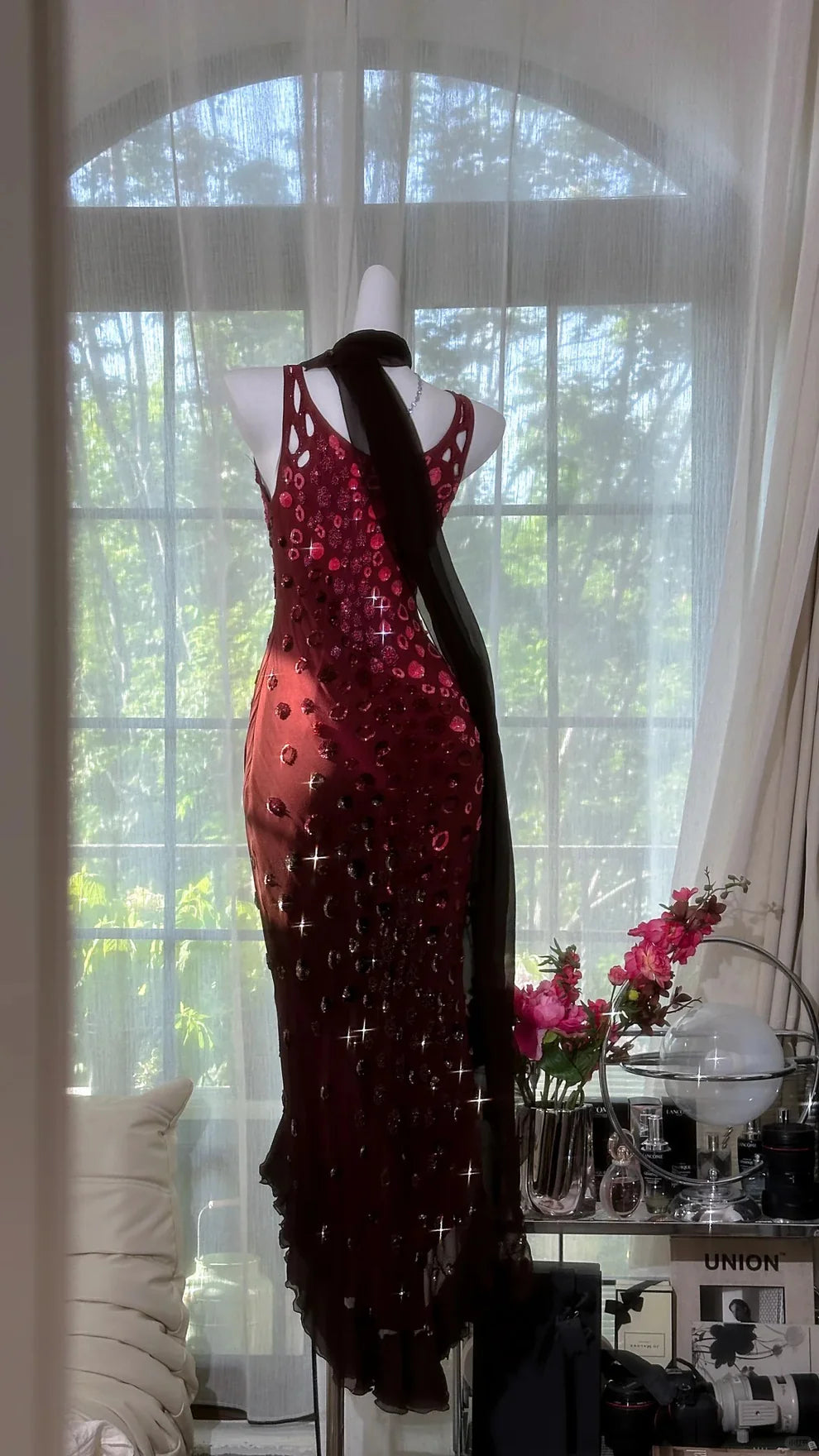 Exquisite Mermaid Straps Beaded Burgundy Chiffon Prom Dress Wedding Guest Dress SH4324