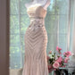 Light Apricot Mermaid Spaghetti Strap Beaded Chiffon Prom Dress Wedding Guest Dress SH4327
