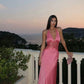 Pink A Line V Neck Lace Satin Long Prom Dress Evening Dress Beach Dress SH5846