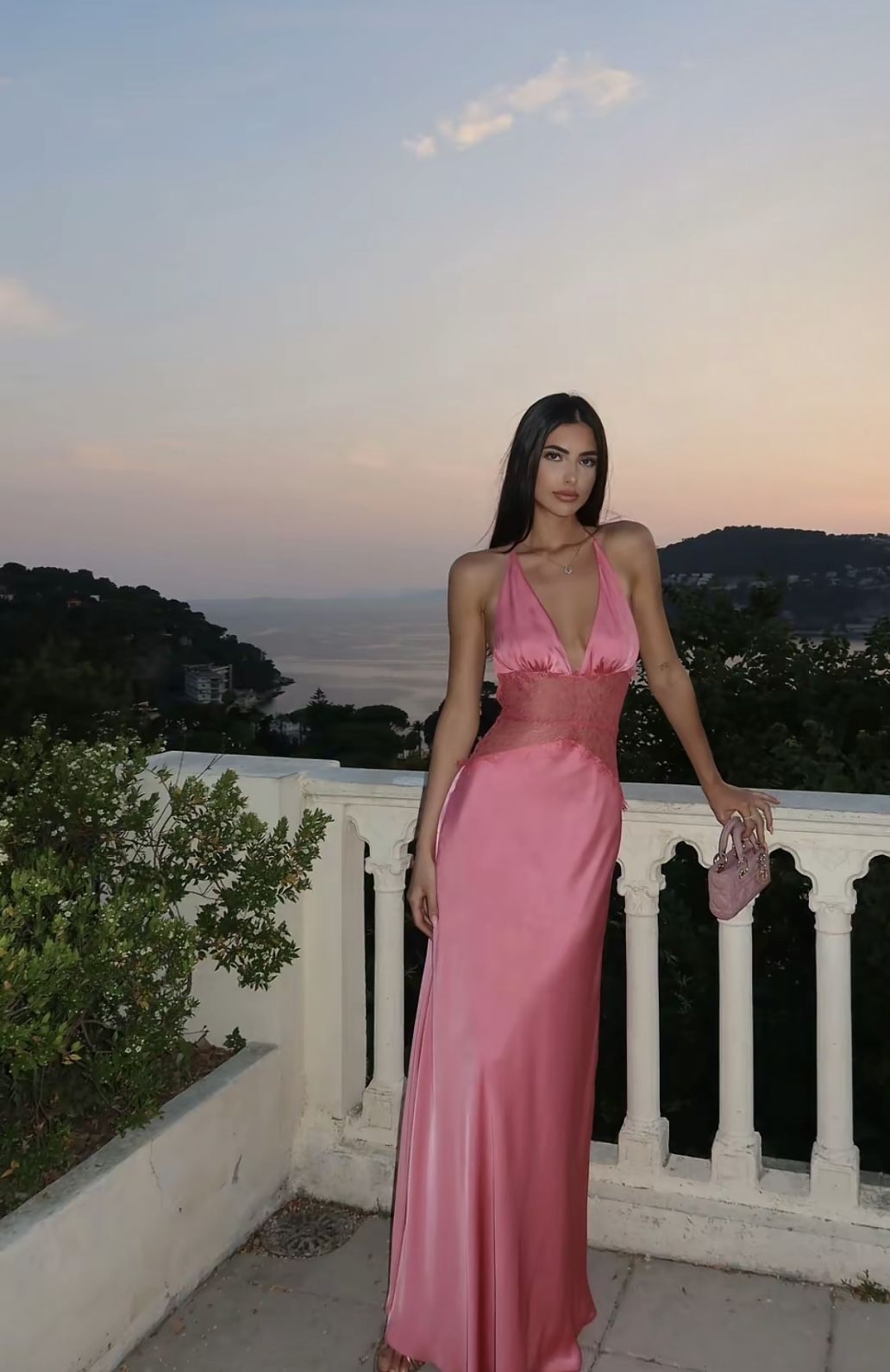 Pink A Line V Neck Lace Satin Long Prom Dress Evening Dress Beach Dress SH5846