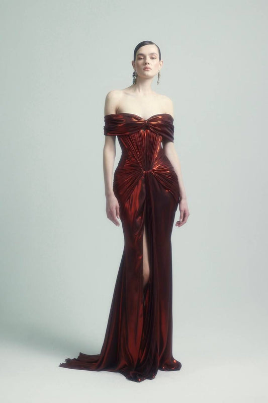 Burgundy Liquid Metal Mermaid Off the Shoulder Satin Prom Dress Evening Dress with Slit SH4420