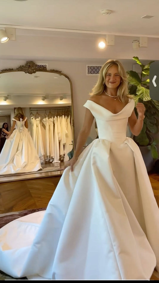 Elegant A Line Off the Shoulder White Satin Long Train Wedding Dress SH8696