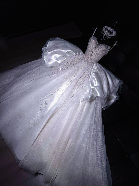 Elegant Exquisite Ball Gown Strapless Beaded Sequin Tulle Satin Prom Dress Wedding Dress SH3638