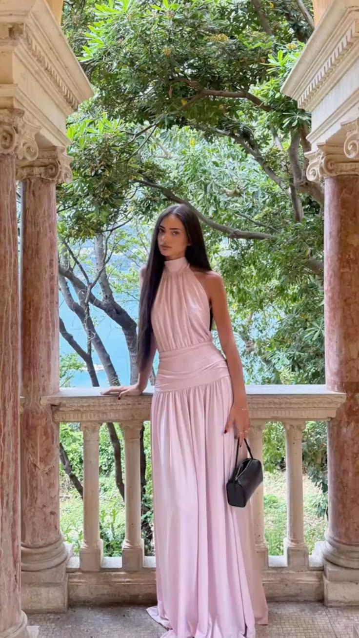 Gentle Pink A Line Halter Satin Long Prom Dress Evening Dress Date Dress with Slit SH7608