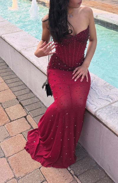 Sexy Champagne Mermaid Strapless Rhinestone Satin Prom Dress Evening Dress SH4821