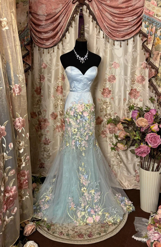 Dreamy Baby Blue Sweetheart Neck Floral Embroidery Satin Tulle Prom Dress Evening Dress Formal Dress SH3706