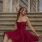 Burgundy A Line Strapless Satin Tulle Mini Homecoming Dress Cocktail Dress SH3724