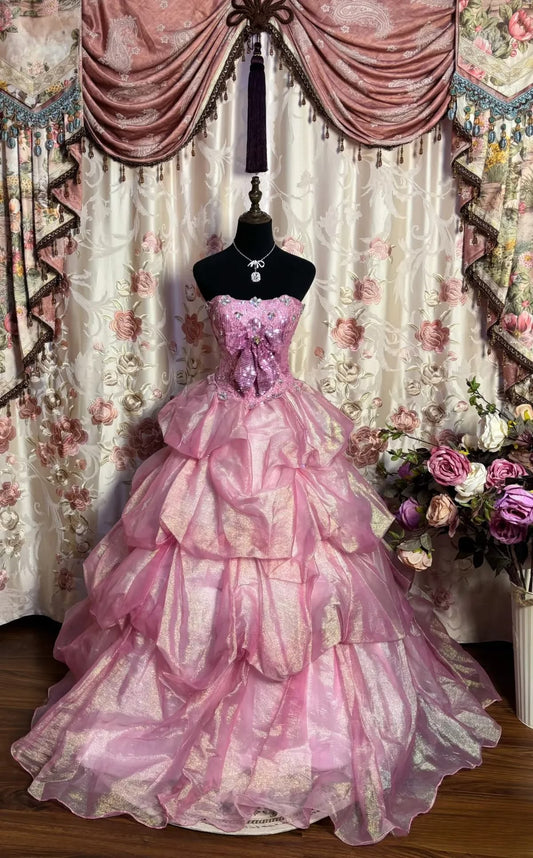Pink Strapless Sequin-Bodice Tiered A-Line Prom Dress SH5668