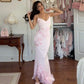 Gentle Light Pink Mermaid Spaghetti Strap Beaded Satin Prom Dress Wedding Guest Dress SH5323