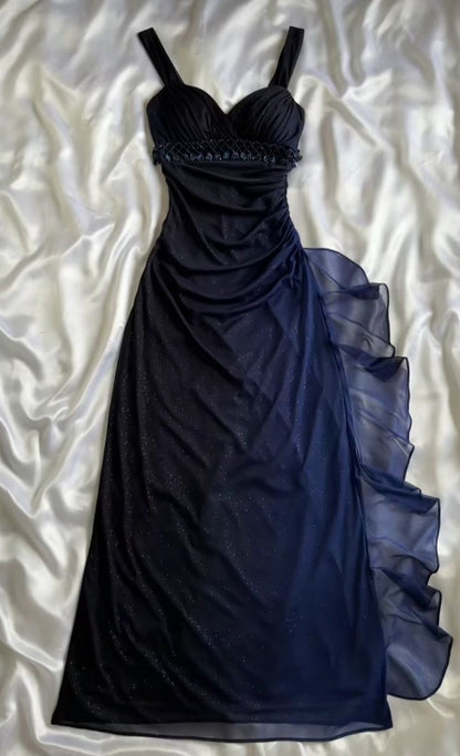 Charming A Line Spaghetti Strap Beaded Navy Blue Ombre Chiffon Party Dress Evening Dress SH2794
