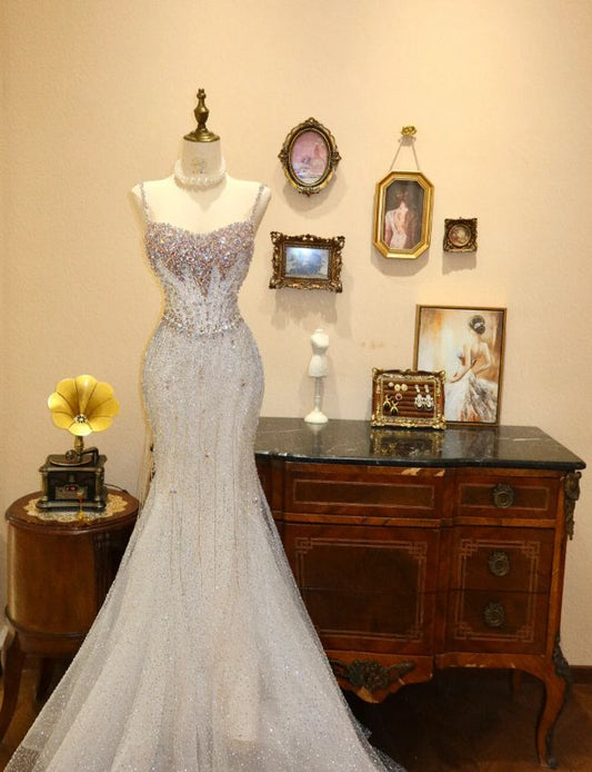 Exquisite Mermaid Spaghetti Strap Beaded Sequin Tulle Prom Dress Date Dress SH3694