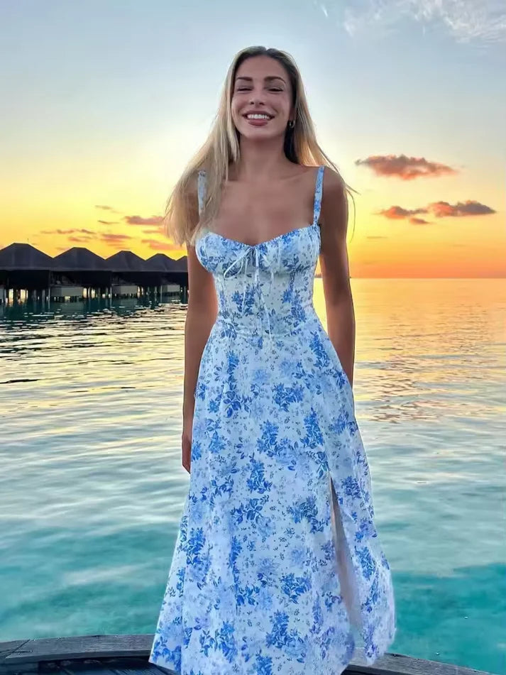Simple A Line Spaghetti Straps Blue Print Floral Satin Prom Dress Evening Dress SH6372