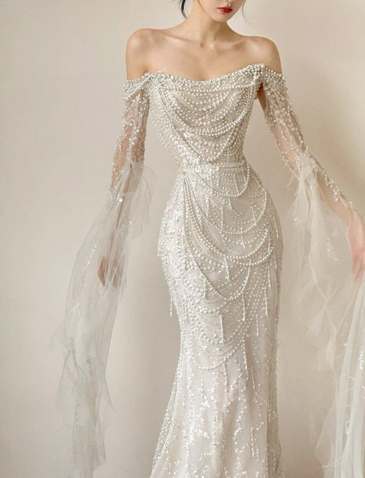 Stunning White Pearl Mermaid Long Sleeve Sequin Tulle Evening Dress Party Dress Wedding Dress SH3475