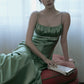 Vintage A Line Spaghetti Strap Beaded Green Satin Party Dress Evening Dress SH2864