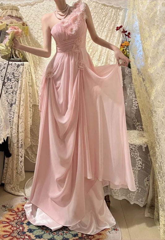 Elegant Pink Off the Shoulder 3D Flower Pleated Chiffon Long Prom Dress SH3932