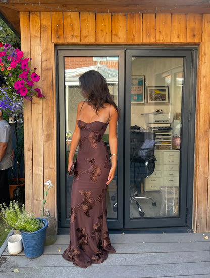 Beautiful Sheath Spaghetti Strap Brown Floral Chiffon Prom Dress Party Dress SH8411