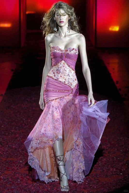 Elegant Purple Mermaid Strapless Print Floral Satin Tulle Prom Dress Party Dress SH4104