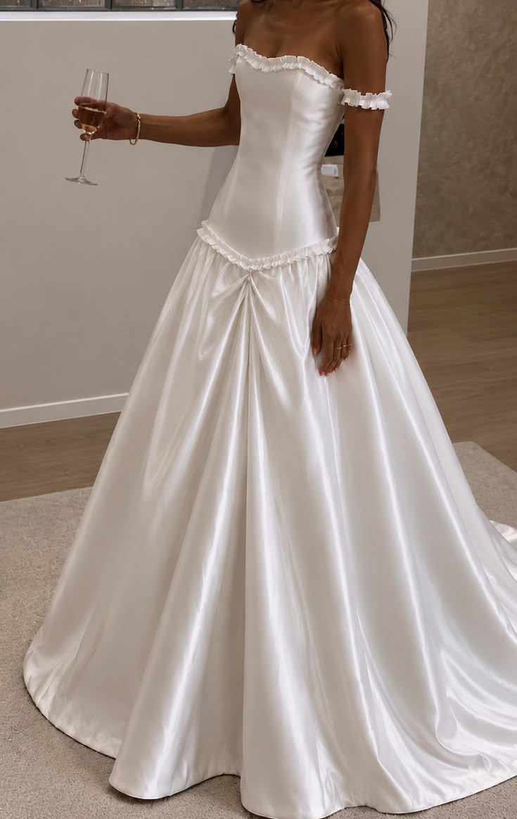 Cute A Line Off the Shoulder Satin Long Wedding Dress SH8527