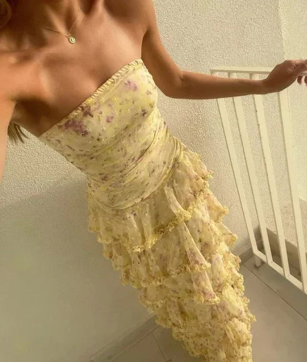 Glamorous Sleeveless Strapless Yellow Print Floral Chiffon Long Prom Dress with Ruffles SH5462