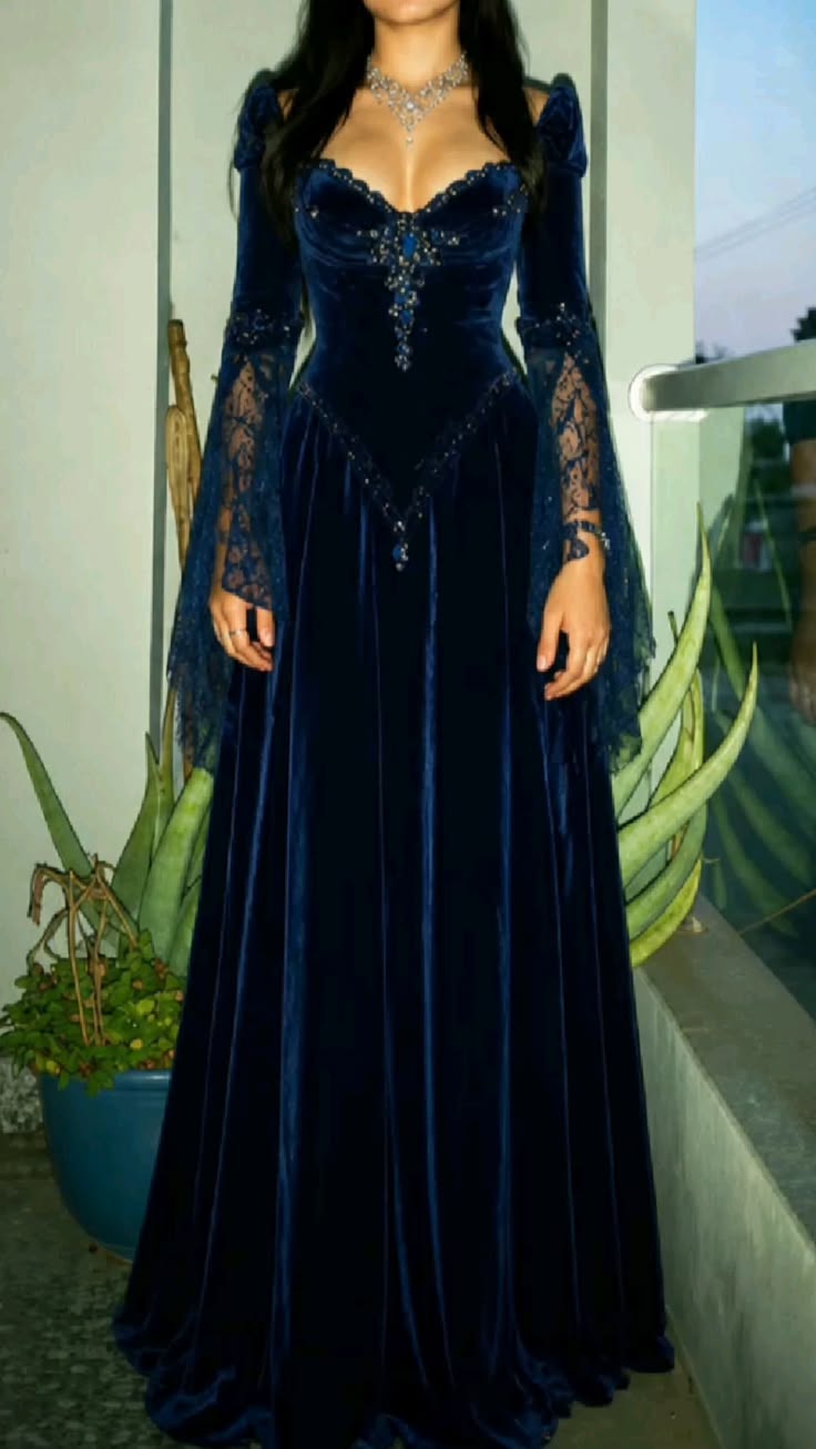 Glamorous A Line Long Sleeve Beaded Dark Blue Lace Velvet Prom Dress Evening Dress SH7083