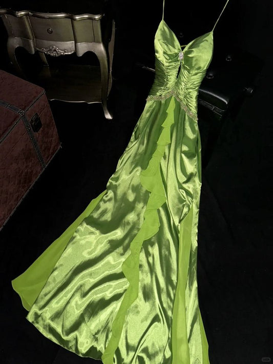 Fresh Green A Line Spaghetti Strap Chiffon Ruffle Satin Long Prom Dress Formal Gown SH3971