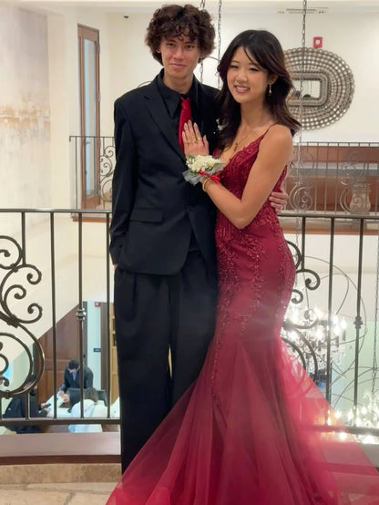 Modest Mermaid Spaghetti Straps Burgundy Lace Tulle Prom Dresses Inspiration Prom Dress Princess Graduation Dress SH6413