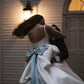 Cute Ball Gown Straps Blue Bow White Satin Long Prom Dress Wedding Dress SH7444