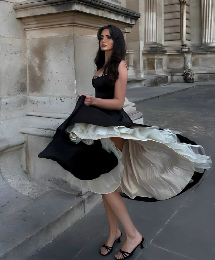 Princess Cute A Line Spaghetti Strap Black Satin White Tulle Party Dress Evening Dress SH2844