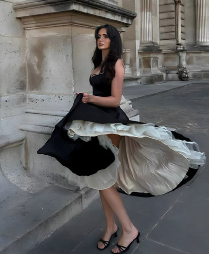 Princess Cute A Line Spaghetti Strap Black Satin White Tulle Party Dress Evening Dress SH2844