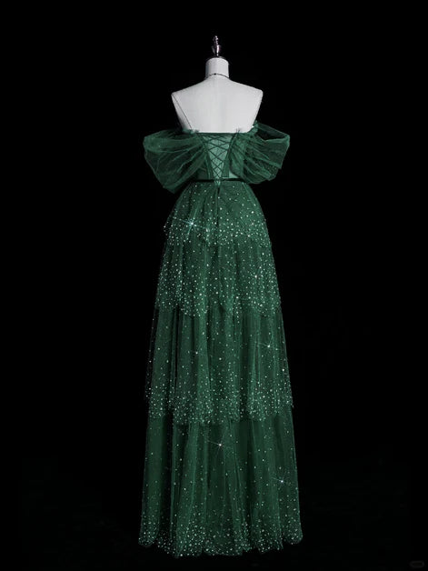 Dark Green A Line Off-the-shoulder Layered Shiny Tulle Prom Dress SH1585