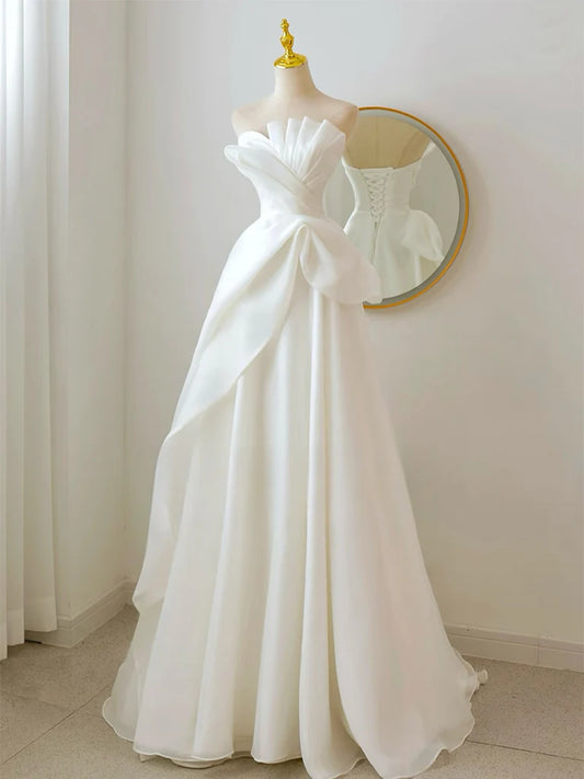 Elegant A Line Strapless White Organza Long Prom Dress Formal Dress SH1753