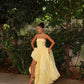 Sweety Yellow A Line Strapless Satin Prom Dress Evening Dress with Slit SH9001