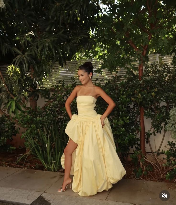 Sweety Yellow A Line Strapless Satin Prom Dress Evening Dress with Slit SH9001