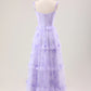 Gentle A Line Strap Print Floral Purple Tulle Prom Dress Graduation Prom Dress SH2658
