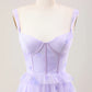 Gentle A Line Strap Print Floral Purple Tulle Prom Dress Graduation Prom Dress SH2658