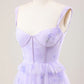 Gentle A Line Strap Print Floral Purple Tulle Prom Dress Graduation Prom Dress SH2658