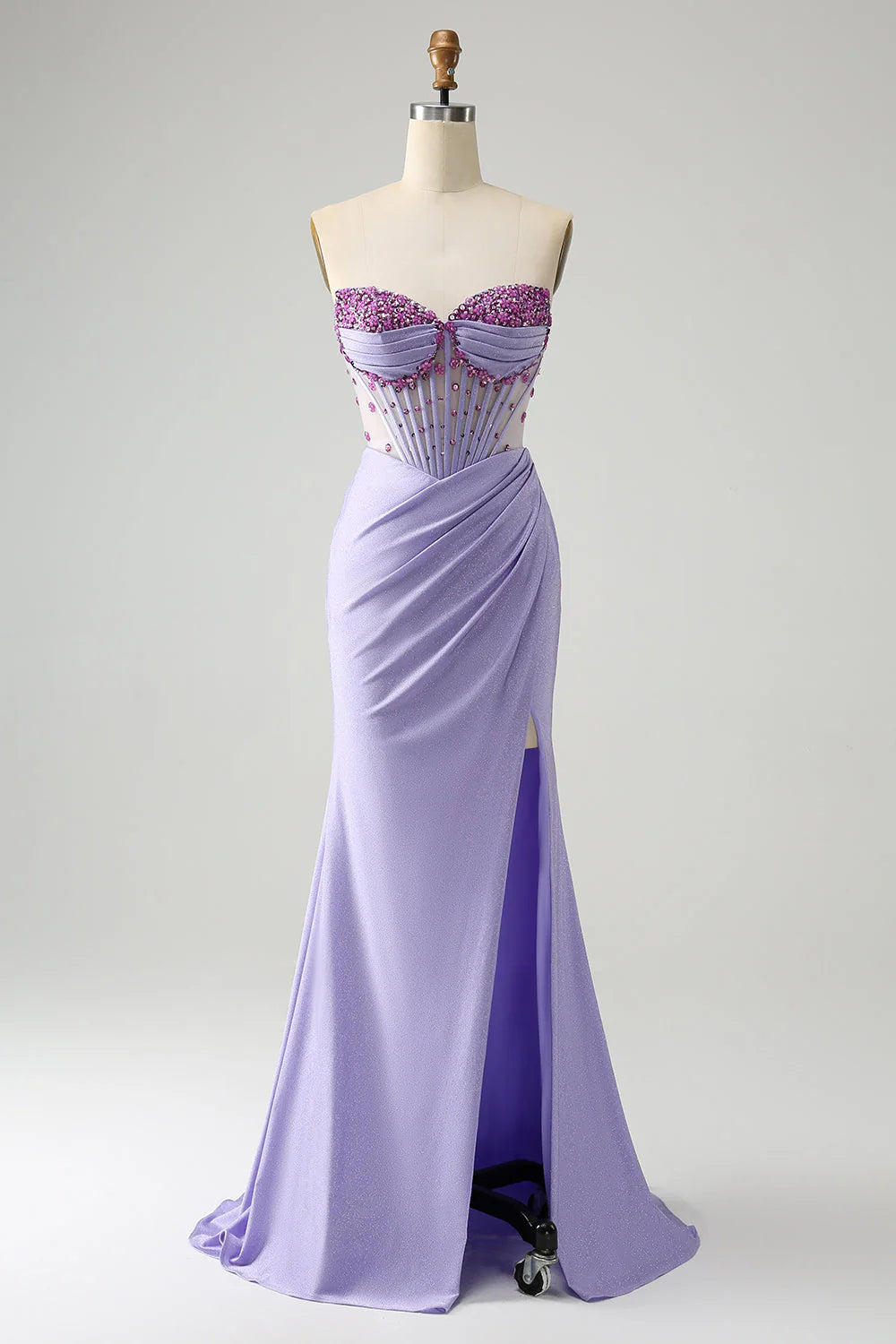 Sexy Mermaid Strapless Beading Satin Prom Dress with Slit SH1568