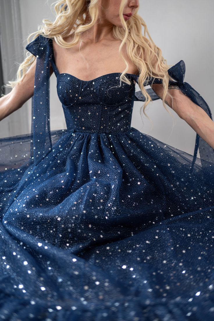 Star Sequin Navy Blue A Line Straps Layered Tulle Date Dress Prom Dress Evening Dress SH3888